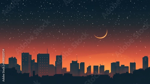 Night view of beautiful city with shiny stars and big moon. photo
