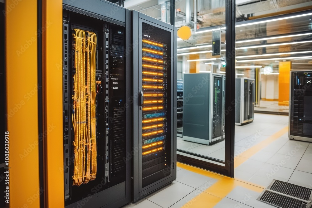 Modern Data Center with Server Racks Featuring Brightly Lit Network Cables and Reflection in Glass Panels, Showcasing Advanced Technology and Efficient Design Modern Data Center with Server Racks Featuring Brightly Lit Network Cables and Reflection in Glass Panels, Showcasing Advanced Technology and Efficient Design