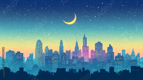 Night view of beautiful city with shiny stars and big moon. photo