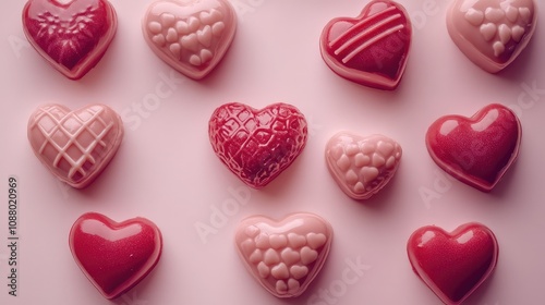 Charming assortment of colorful heart-shaped chocolates on a soft pink background ideal for romantic occasions, celebrations, and sweet treats for loved ones.