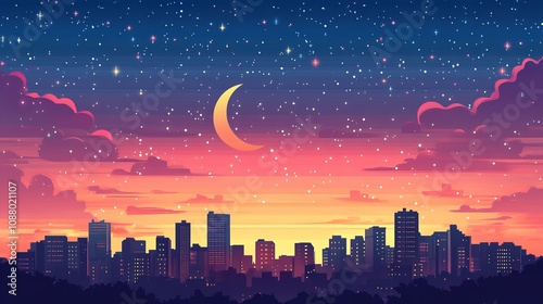 Night view of beautiful city with shiny stars and big moon. photo