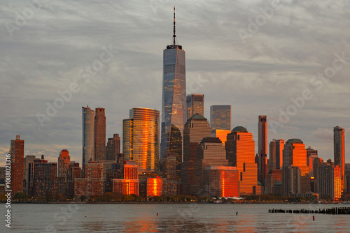 Manhattan skyline with WTC. Financial District NYC. Twin Towers memorial. World Trade Center over Hudson river.