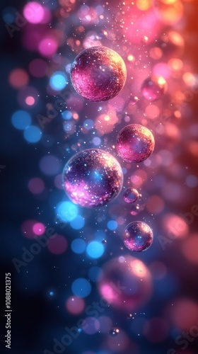 Colorful abstract spheres with a cosmic feel in a blurred background.