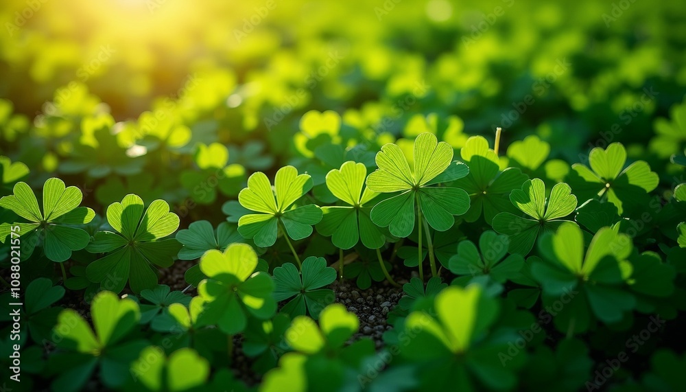 Vibrant clover field on sunny day, peaceful mood, aerial view with soft breeze, St. Patrick’s Day Vibrant clover field on sunny day, peaceful mood, aerial view with soft breeze, St. Patrick’s Day