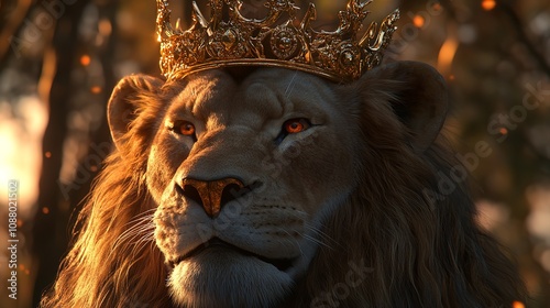  Majestic Lion with a Golden Mane and a Crown on His Head. photo