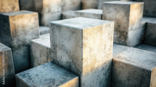 Abstract arrangement of concrete blocks displaying texture and shadow, perfect for architectural backgrounds or modern design projects emphasizing structure and materiality.