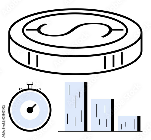 Coin stopwatch three-bar chart. Ideal for finance, investment, time management, growth, productivity, market analysis, economic trends. Line metaphor