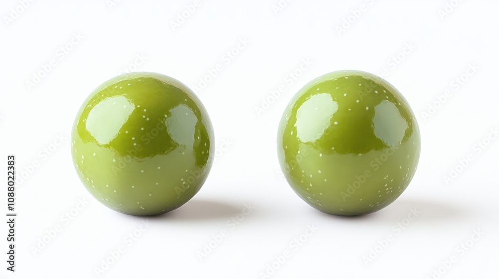 Two green olives on a white background. Two green olives on a white background.