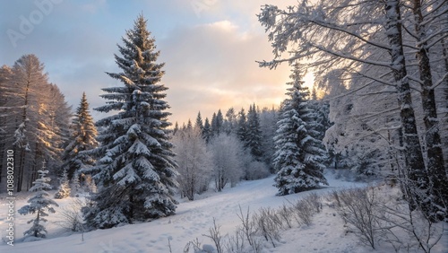 Snowy forest with evergreen trees and soft light