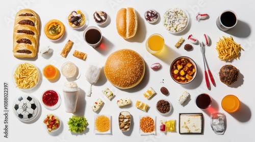 A variety of junk food and drinks arranged on a white background.