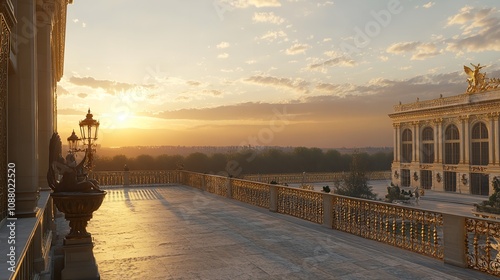A majestic view of the Palace of Versailles illuminated by the golden light of the setting sun. photo