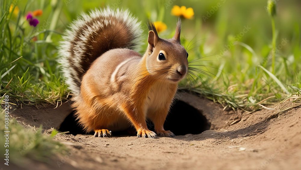 Obraz premium Squirrel exploring a burrow in a sunny meadow during springtime