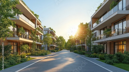 Modern residential street with greenery and sunset ambiance.