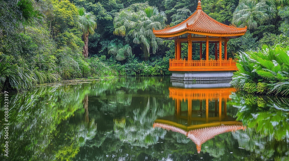 Tranquil Asian Pavilion Surrounded by Lush Greenery and Serene Reflections in Still Water for a Peaceful Nature Escape Tranquil Asian Pavilion Surrounded by Lush Greenery and Serene Reflections in Still Water for a Peaceful Nature Escape