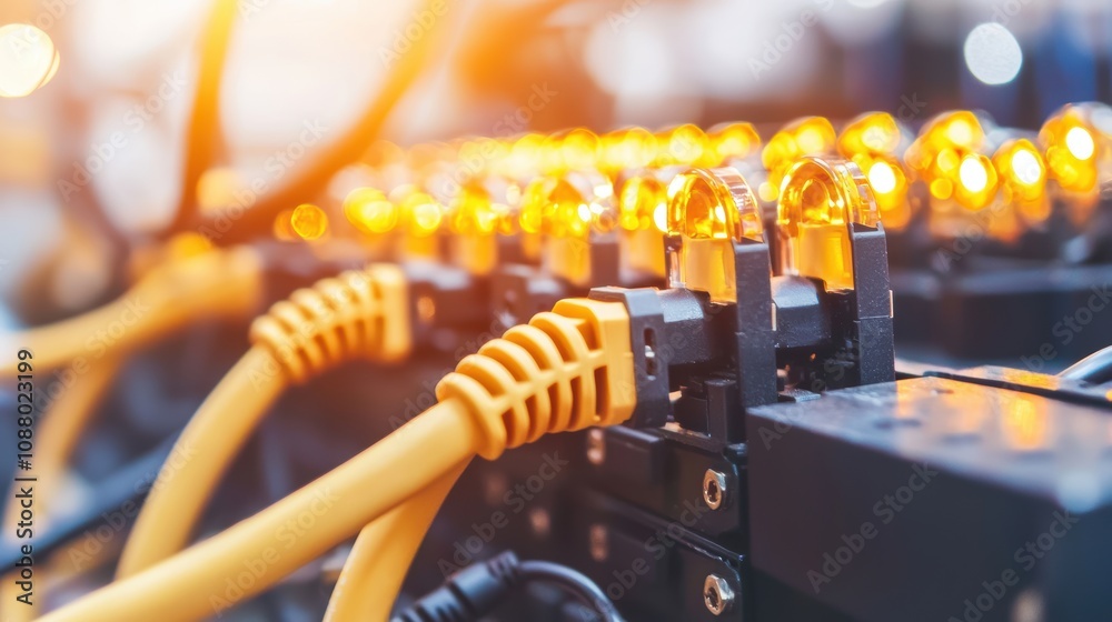 Close-Up of Neon Yellow Ethernet Cables Connecting to Network Switch with Glowing LEDs in Data Center Environment for Technology and Connectivity Concepts