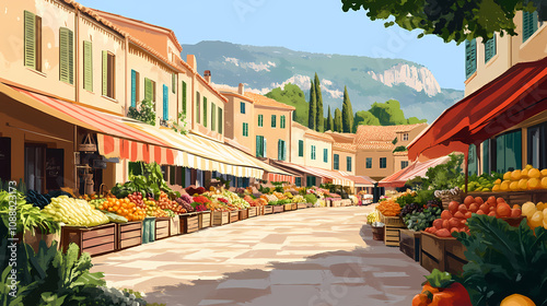 Picturesque provencal village, generative ai. Charming Village Market. Illustration