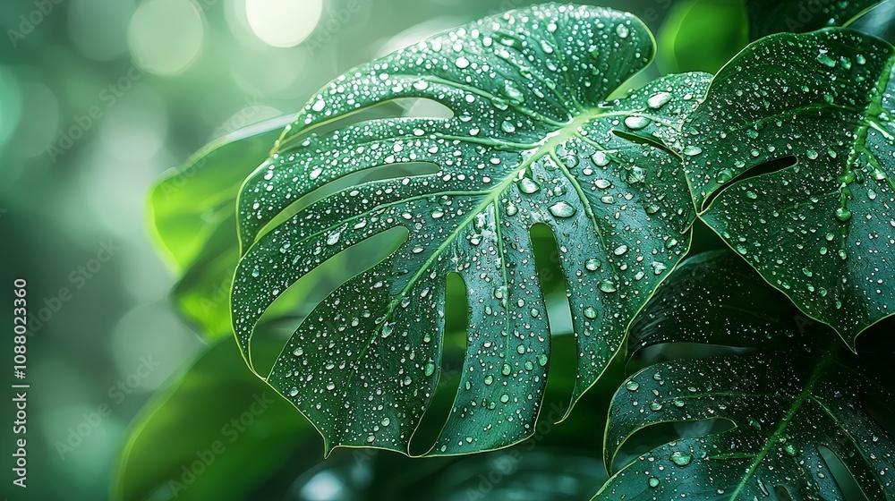 Close-up of lush green leaves with water droplets, showcasing nature's beauty. Close-up of lush green leaves with water droplets, showcasing nature's beauty.
