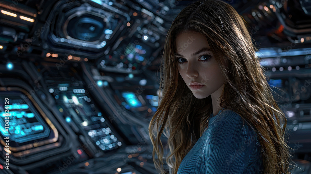 confident young woman in futuristic tech lab, showcasing advanced technology Woman in Tech Concept. confident young woman in futuristic tech lab, showcasing advanced technology Woman in Tech Concept.