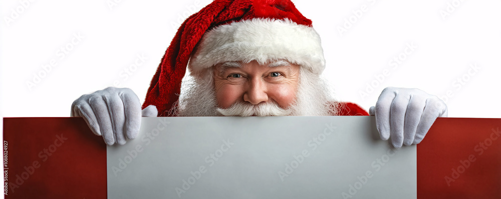 Naklejka premium A cheerful Santa Claus peeks over a vibrant red banner, perfect for Christmas greetings or festive promotions. Ideal for holiday marketing and invitations.