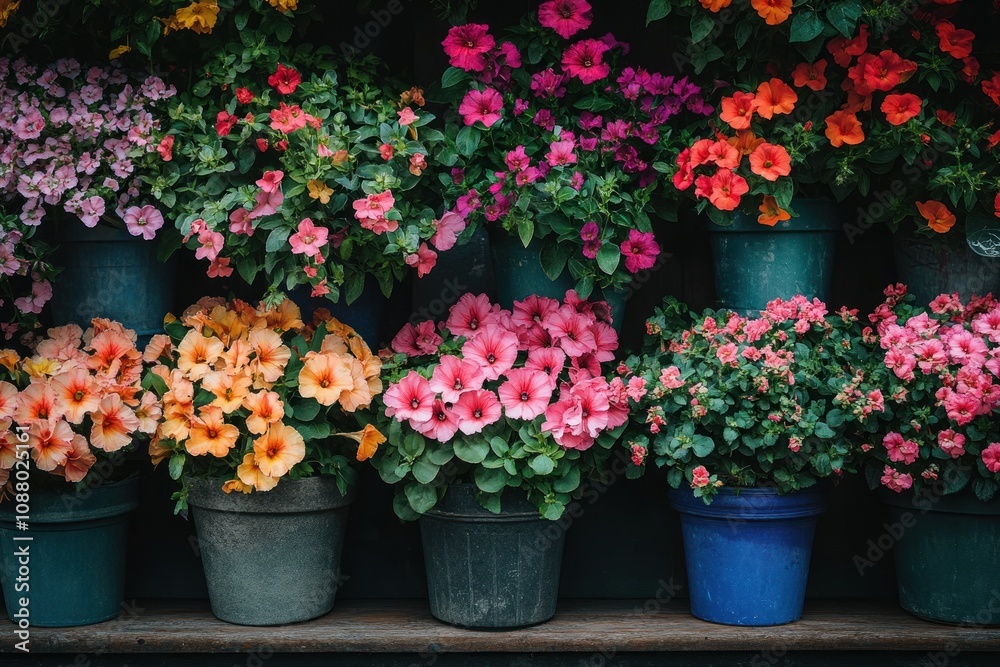 A vibrant display of colorful potted flowers, showcasing a variety of hues and textures. A vibrant display of colorful potted flowers, showcasing a variety of hues and textures.