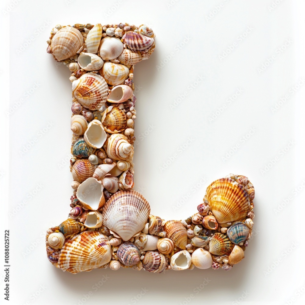 creative letter L crafted assortment seashells displaying intricate designs and textures pristine white canvas ideal decorative purposes. creative letter L crafted assortment seashells displaying intricate designs and textures pristine white canvas ideal decorative purposes.