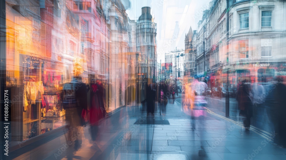 Blurred city street scene with shoppers and buildings. Blurred city street scene with shoppers and buildings.