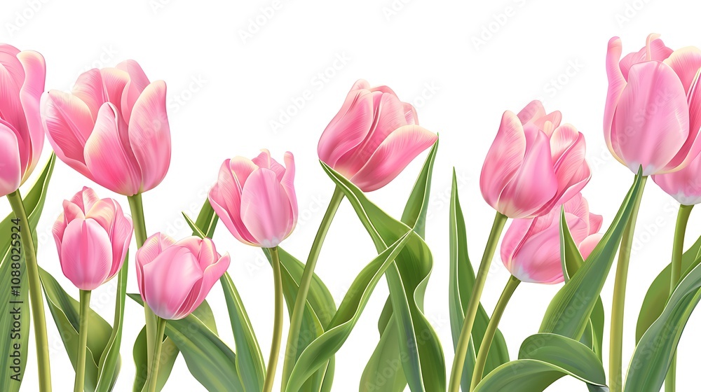 A vibrant arrangement of pink tulips with green leaves, showcasing nature's beauty. A vibrant arrangement of pink tulips with green leaves, showcasing nature's beauty.