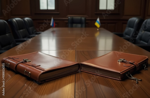 On the wooden table in the office lie secret documents in leather folders