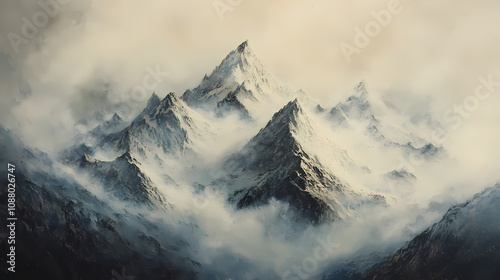 A dramatic and intense landscape of mountains shrouded in fog and mist, symbo...