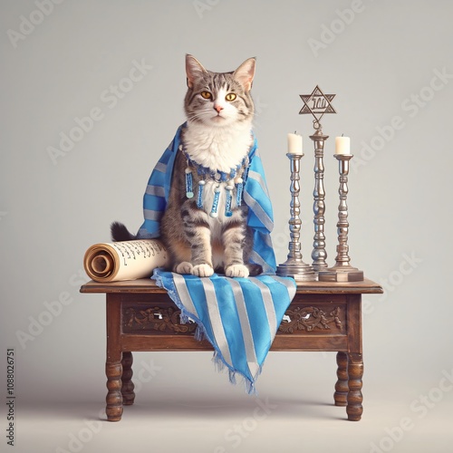 Cute and funny cat wearing traditional blue and white clothes against menorah with burning candles for celebrating Hanukkah. Jewish holiday Chanukah with pet. Creative concept for greeting card photo