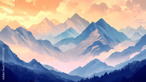 A dramatic and intense landscape of mountains shrouded in fog and mist, symbolizing mystery, solitude, awe, power, and tranquility. Majestic Mountain Range. Illustration