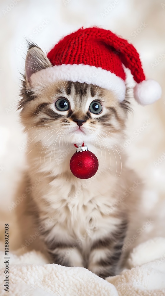 Fluffy Kitten in Red Christmas Hat on Soft Cream Background, High-Resolution Photography Style Fluffy Kitten in Red Christmas Hat on Soft Cream Background, High-Resolution Photography Style