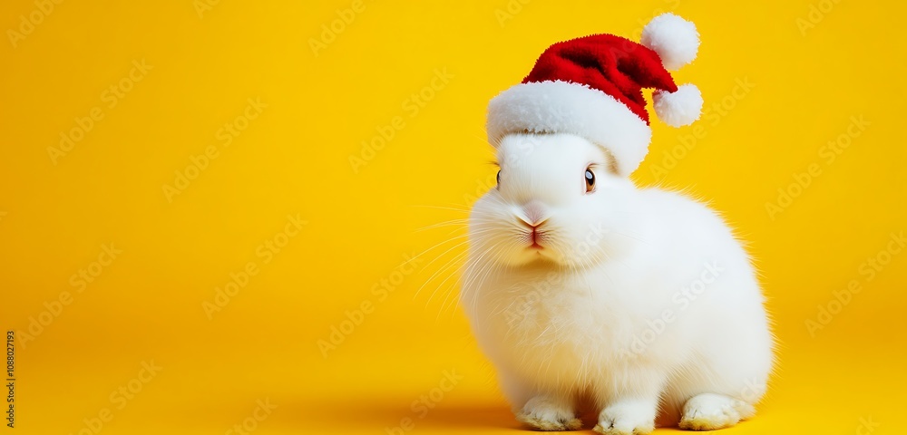 Fluffy White Rabbit with a Christmas Hat on a Bright Yellow Background, Clear HD Image Fluffy White Rabbit with a Christmas Hat on a Bright Yellow Background, Clear HD Image