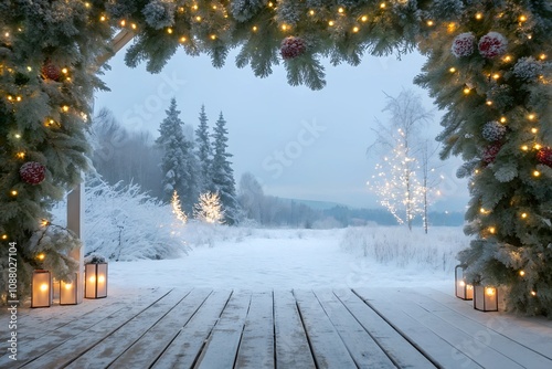 Empty Wooden Flooring with Fir Branches