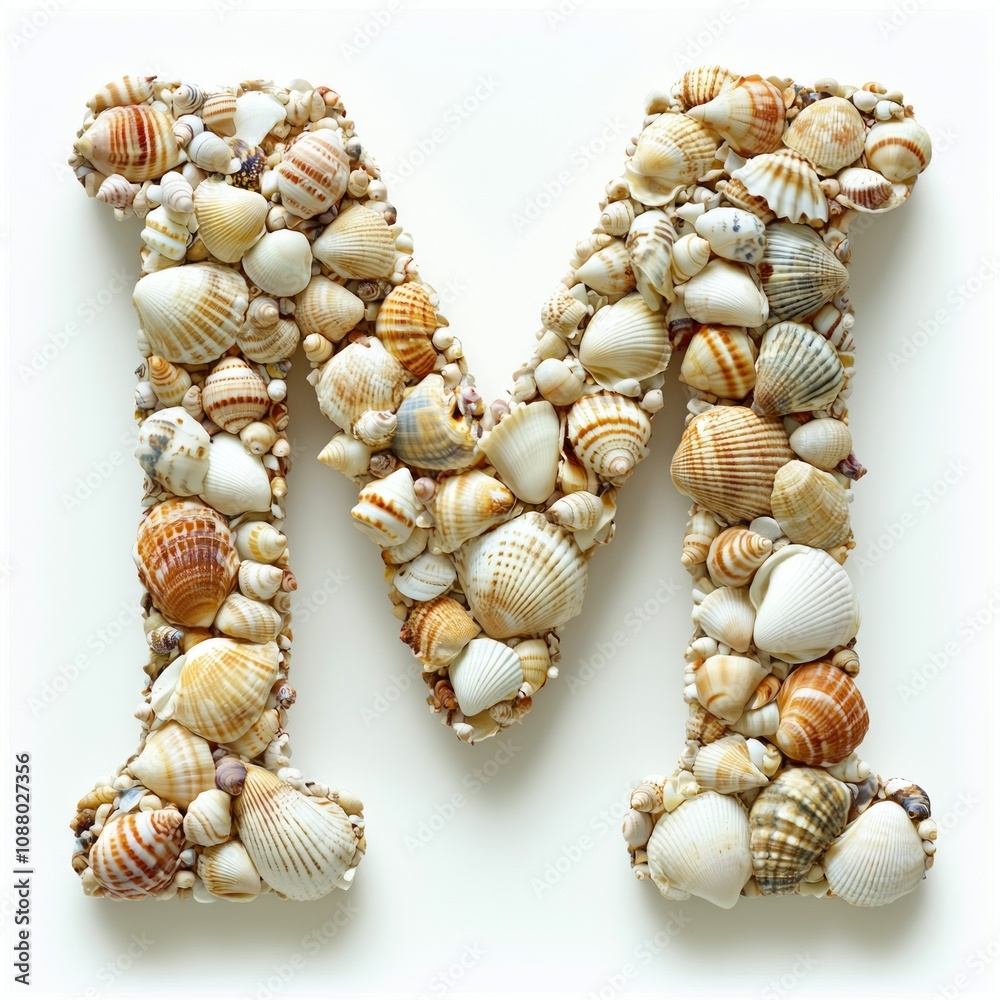 decorative letter M formed entirely various seashells arranged artistically plain white backdrop. composition highlights beauty and diversity seashells. decorative letter M formed entirely various seashells arranged artistically plain white backdrop. composition highlights beauty and diversity seashells.