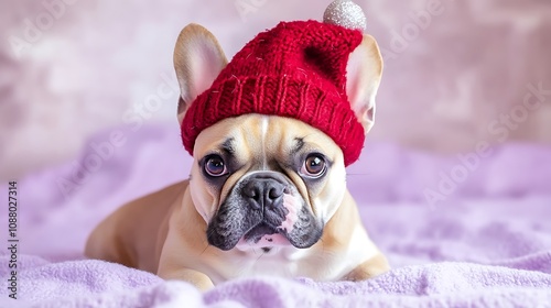 French Bulldog in a Red Festive Hat on a Soft Lavender Background, High-Resolution Realism photo