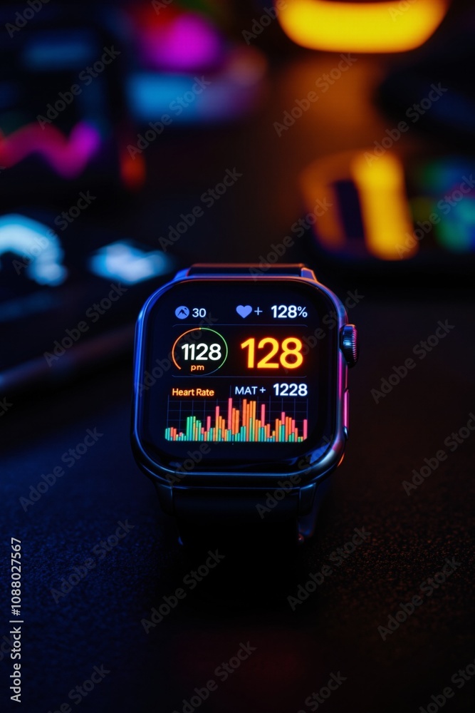 Fototapeta premium Smartwatch Displaying Heart Rate and Fitness Metrics in a Dark Environment