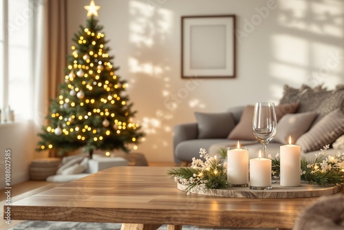 Cozy Christmas Living Room Decor with Festive Tree and Candle Arrangement