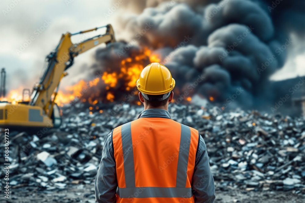 Construction Worker Overlooking Industrial Demolition Site with Smoke and Flames Construction Worker Overlooking Industrial Demolition Site with Smoke and Flames
