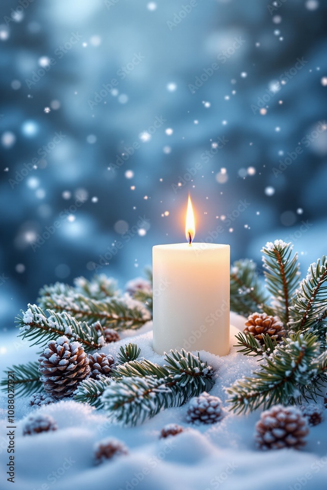 Tranquil Winter Scene with a Lit Candle Surrounded by Snowy Pine Branches and Pinecones Tranquil Winter Scene with a Lit Candle Surrounded by Snowy Pine Branches and Pinecones
