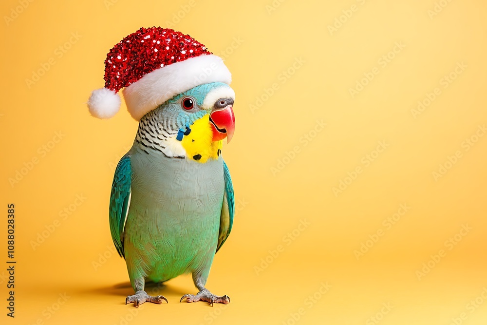 Fototapeta premium Parakeet in Christmas Hat on a Soft Yellow Background, High-Definition Realistic Image