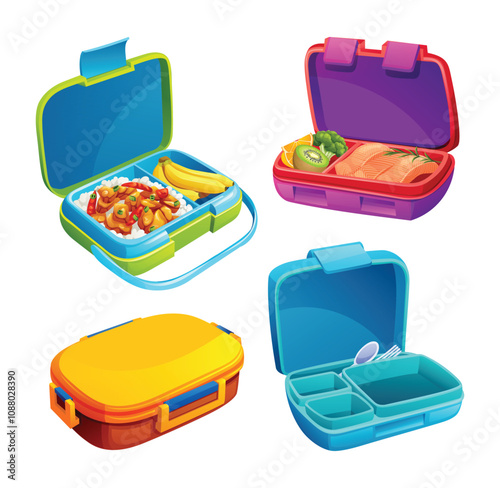 Set of closed and open lunch boxes with rice, fruits, and healthy meals in compartments. Vector cartoon illustration