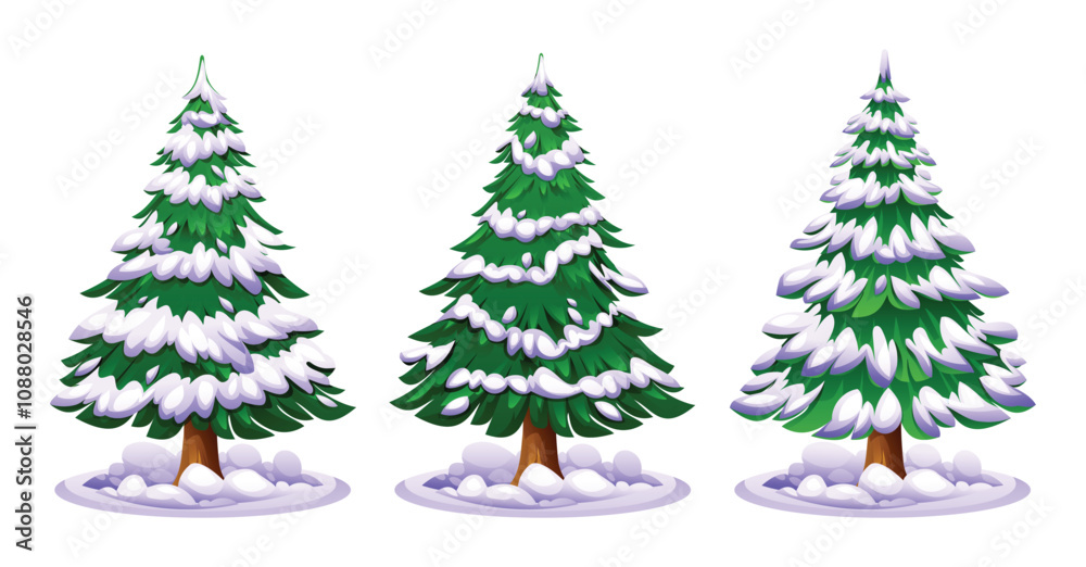 Fototapeta premium Set of snowy pine tree vector cartoon illustration
