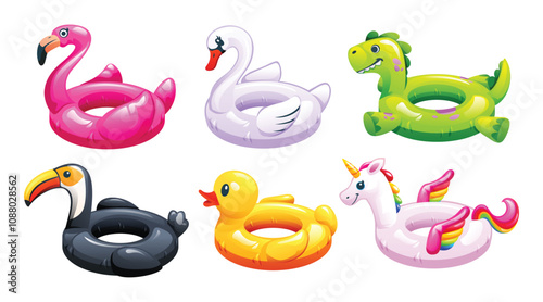 Set of inflatable swimming pool floats shaped like animals, ideal for pool fun and decoration. Vector cartoon illustration