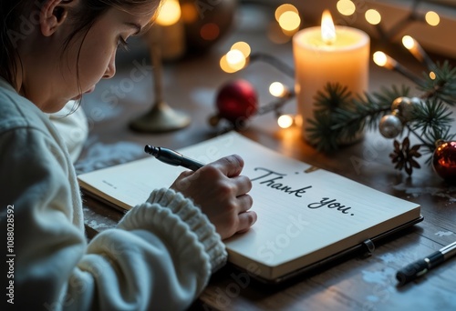 Heartwarming Holiday Gratitude – Child Writing ‘Thank You’ by Candlelight, Surrounded by Festive Ornaments and Twinkling Lights, Capturing the Spirit of Appreciation and Warmth