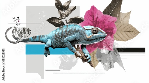 A minimalist digital collage featuring a colorful chameleon amidst botanical elements, blending art and nature with vibrant colors.