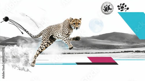 A dynamic digital artwork featuring a cheetah in motion against a minimalist background of mountains and geometric elements. Abstract, modern style. photo