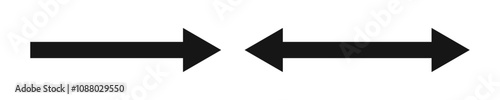 Arrow and double arrow icons. Look here symbols. Black horizontal pointer, direction, location and reverse, two side, width signs isolated on white background. Vector graphic illustration.