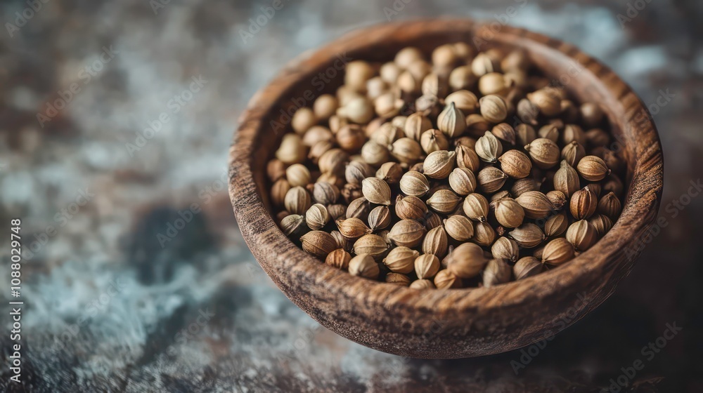 A wooden bowl filled with coriander seeds sits on a textured, rustic surface, highlighting the earthy tones and intricate patterns of the seeds. A wooden bowl filled with coriander seeds sits on a textured, rustic surface, highlighting the earthy tones and intricate patterns of the seeds.