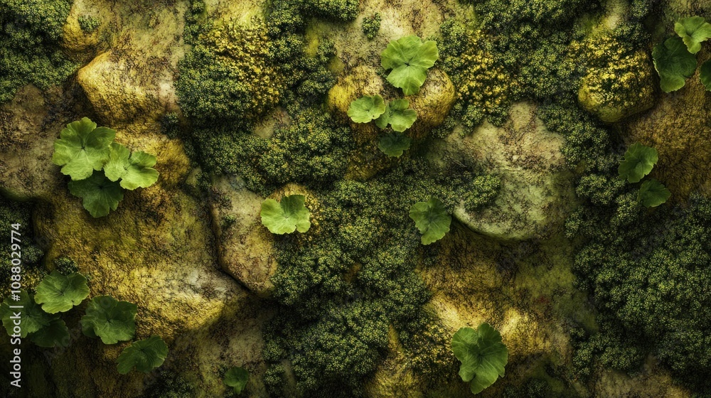 Lush green moss and small plants covering a rocky surface. Lush green moss and small plants covering a rocky surface.